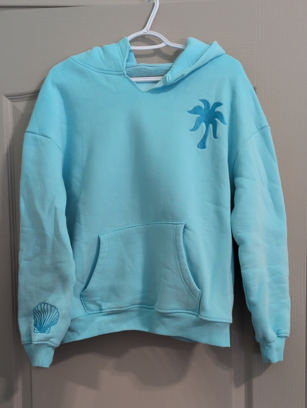Pink Palm Puff Aqua Hoodie with Palm Embroidery
